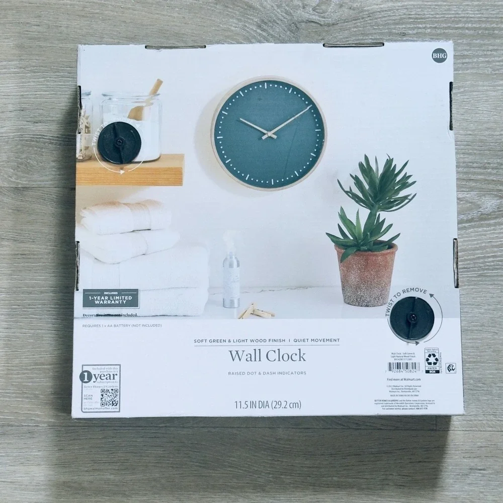 Better Homes & Gardens Wall Clock Soft Green Light Wood Quiet Movement Scandi